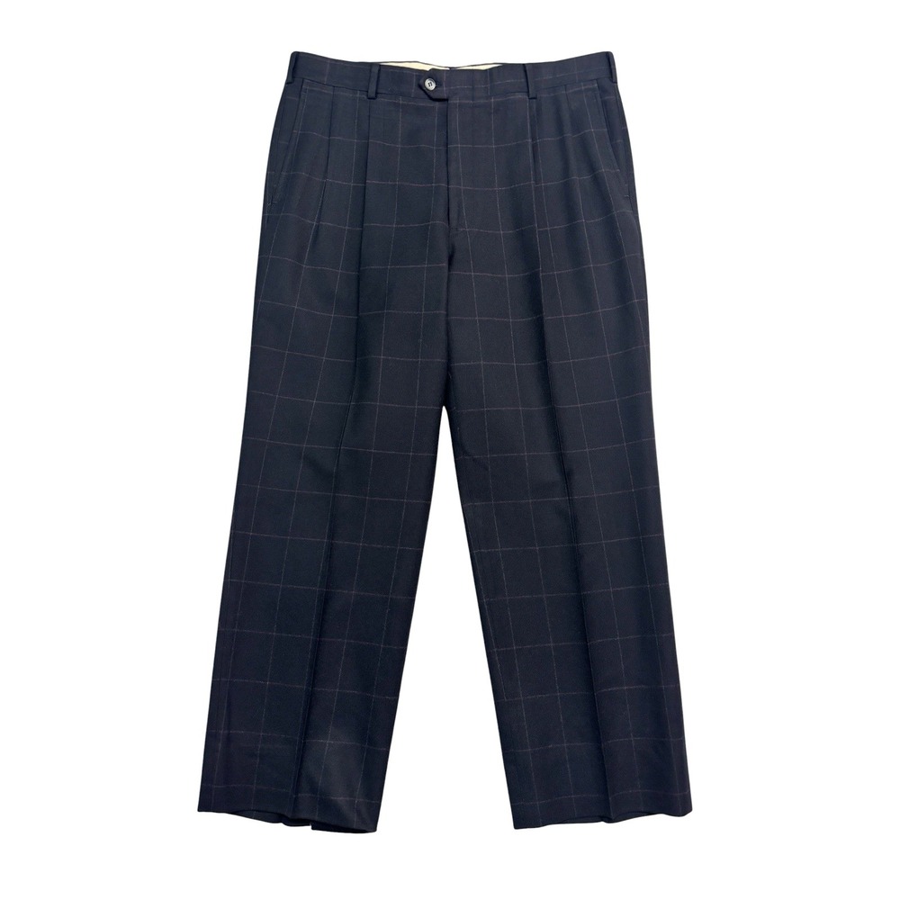 vtg USA Made 34x28 Navy Blue Windowpane Dress Pants Trousers Pleated 100% Wool